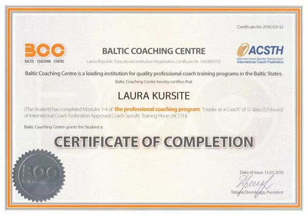 Laura Celmiņa Coach sertifikāts