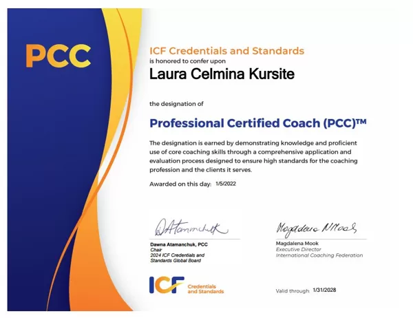 Laura Celmiņa Coach PCC akreditācijas sertifikāts